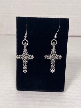 Ornate Silver Cross Dangle Earrings